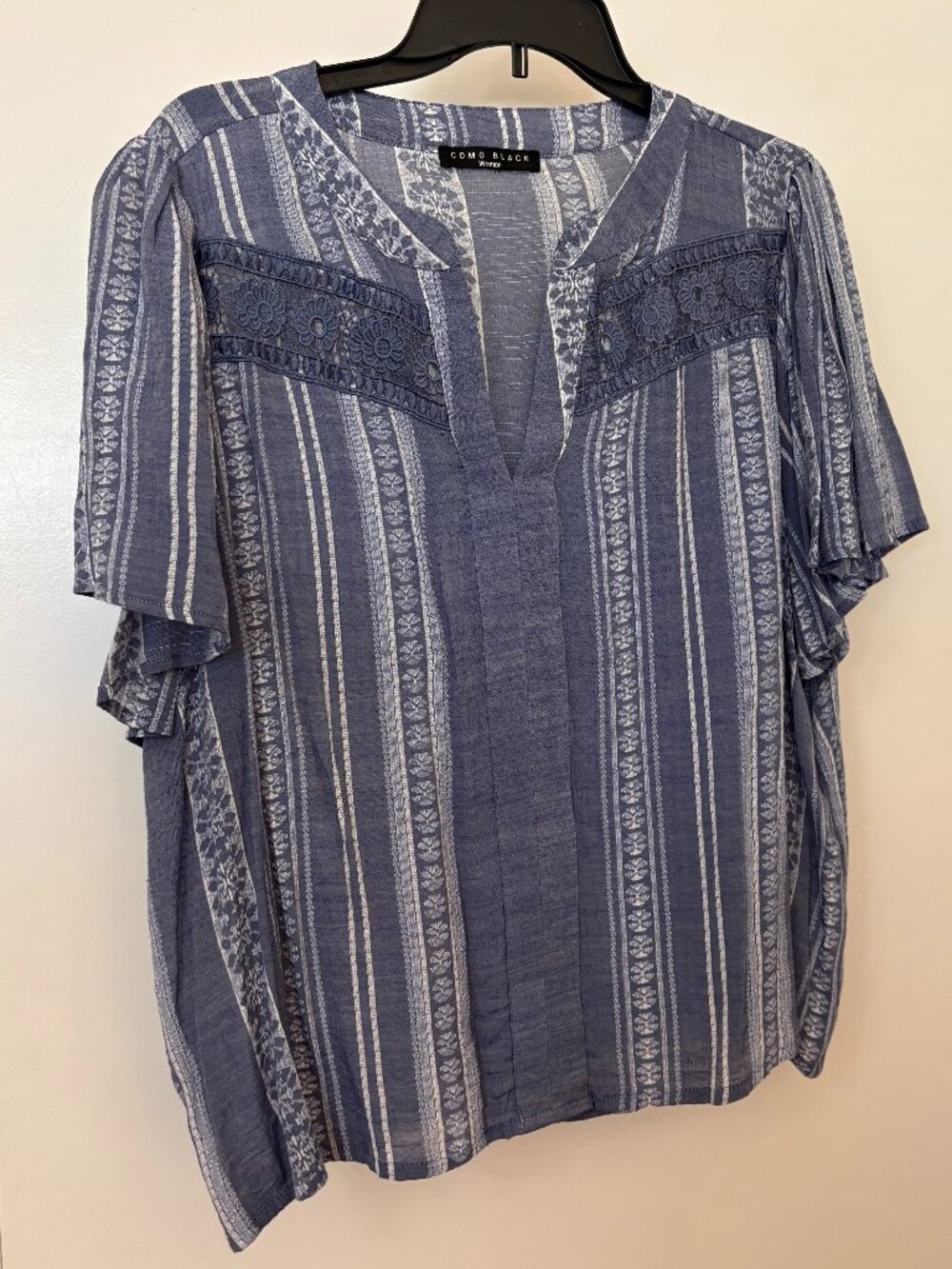 Como Black womens blue/white striped chambray tunic top sz XL